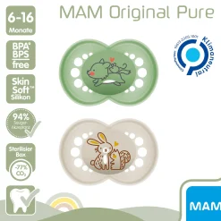 MAM Beruhigungssauger Original matt Silikon 6-16 Monate 2 Stück Wolf/Hase* Schnuller