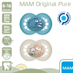 MAM Beruhigungssauger Original matt Silikon 6-16 Monate 2 Stück Bär/Fuchs* Schnuller