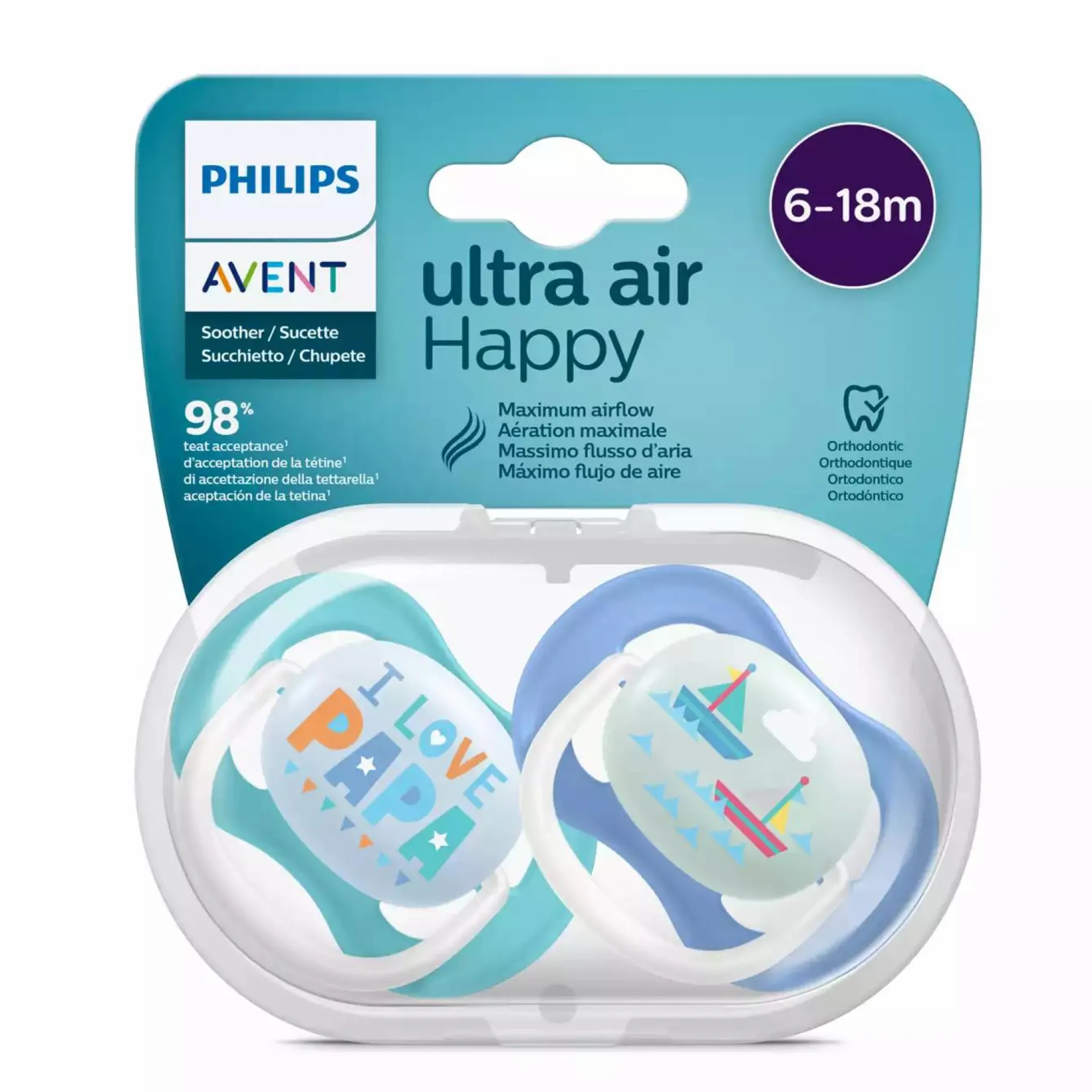 PHILIPS AVENT Beruhigungssauger Ultra Air 6-18 Monate Happy Boy - Papa Boat SCF080/03* Schnuller