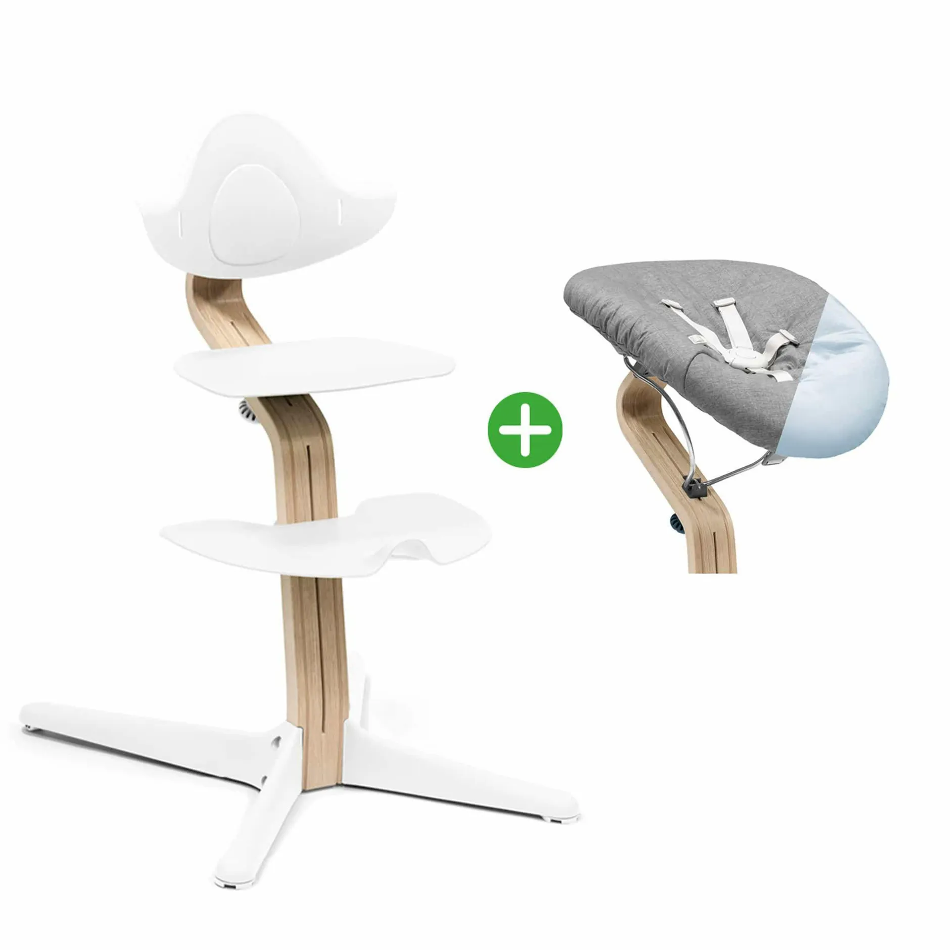 STOKKE Set Nomi® Hochstuhl Buche White mit Newborn Set White Grey/Blue* Treppenhochstühle