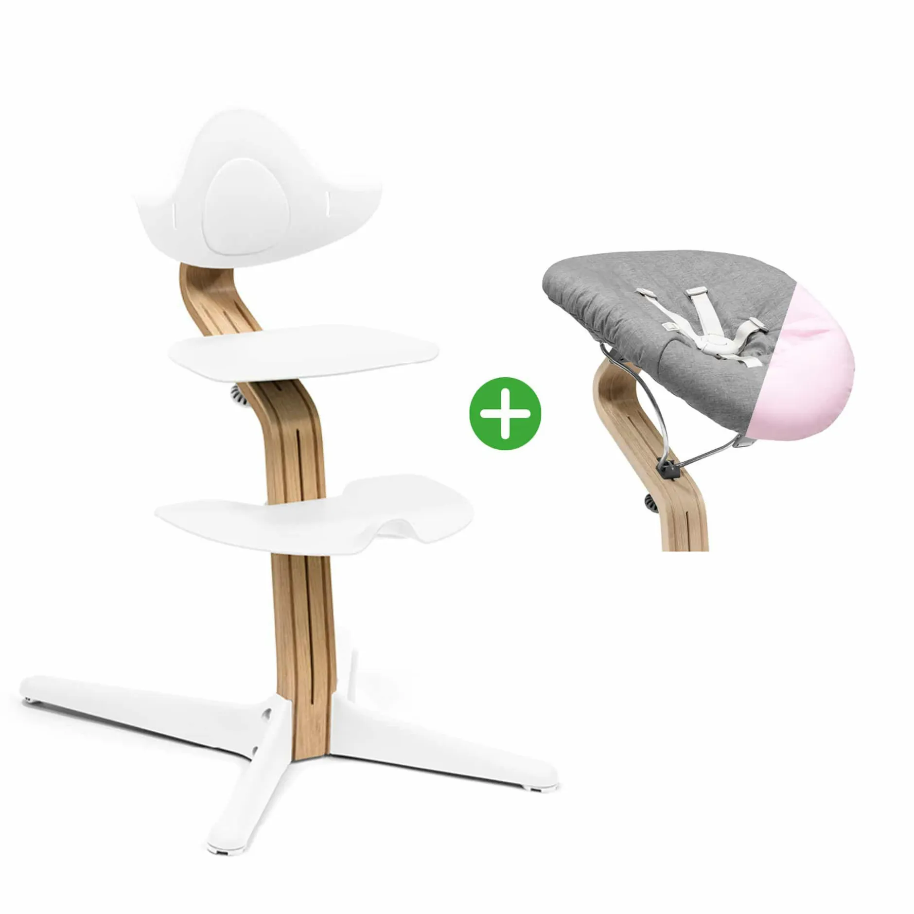 STOKKE Set Nomi® Hochstuhl Oak White mit Newborn Set White Grey/Pink* Treppenhochstühle